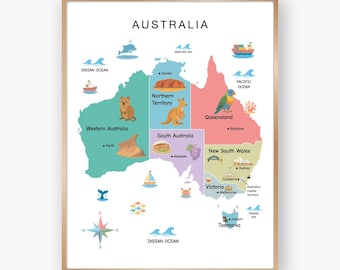May include: A framed map of Australia, featuring colorful illustrations of landmarks and animals. The map highlights states with their capital cities and is surrounded by ocean illustrations. The title "AUSTRALIA" is at the top.