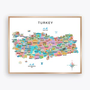 May include: A colorful map of Turkey, framed in a light wood. The map is filled with various colors, with each city labeled. The text "TURKEY" is at the top, with "BLACK SEA" and "MEDITERRANEAN SEA" labels.