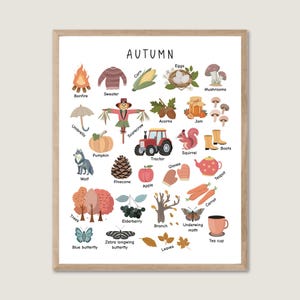 Póster de otoño, impresiones descargables de otoño, arte de pared imprimible de otoño, póster de otoño, póster de pintura de aprendizaje para niños, decoración de guardería