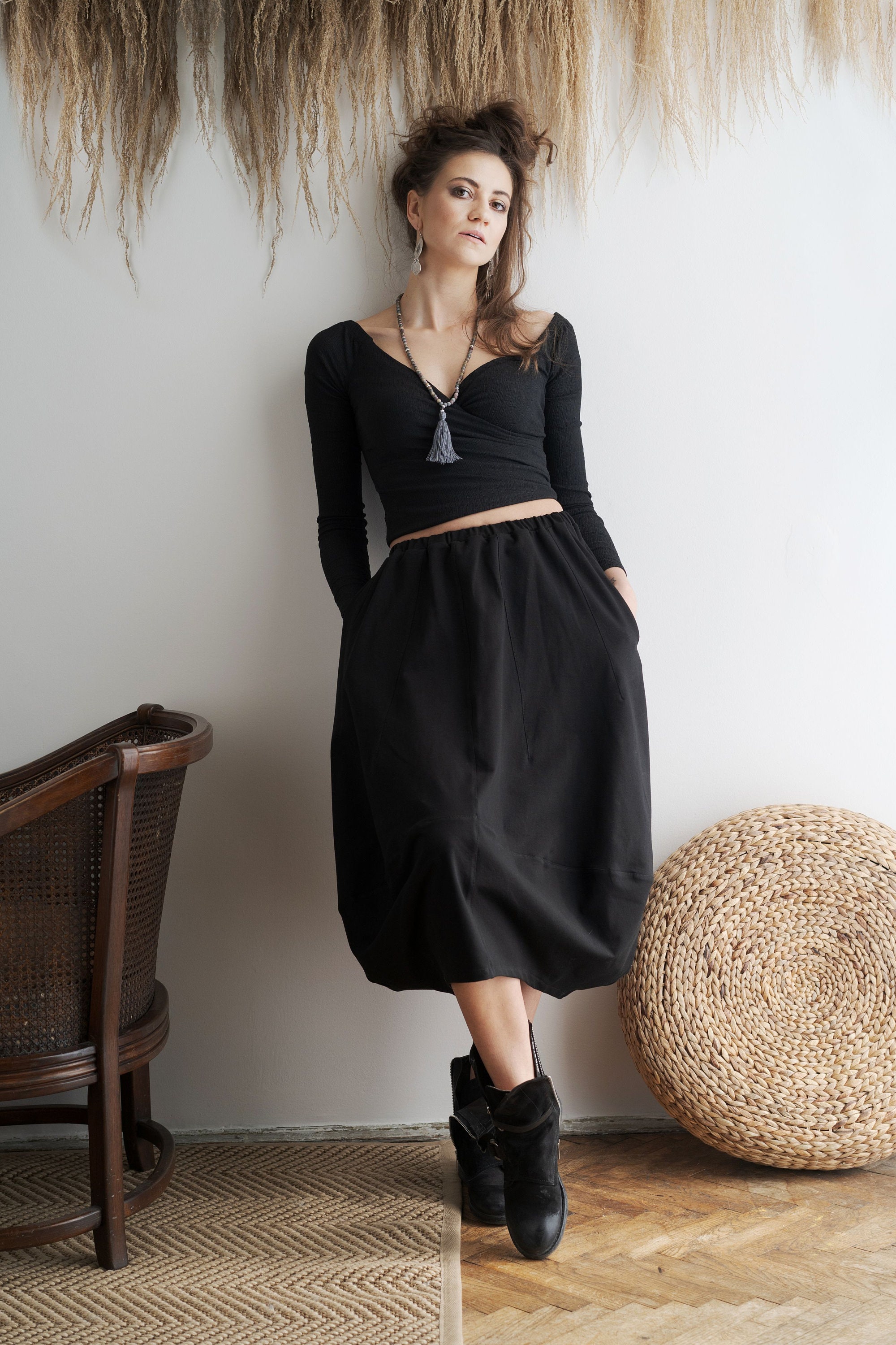 Cotton black skirt with pockets, Black bubble skirt, Loose skirt with elastic belt, Maxi black skirt, Boho festival clothing