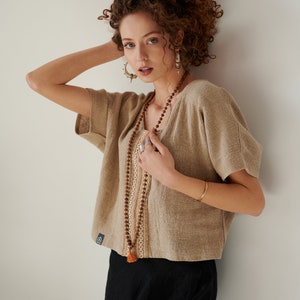 Beige linen blouse, linen boho short sleeve blouse, summer top