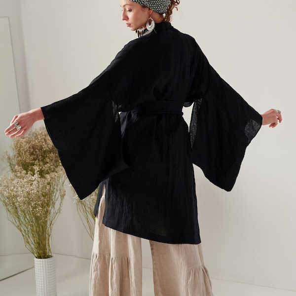 Linen black kimono with belt and pockets boho linen