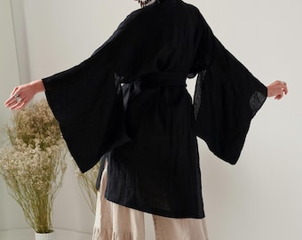 Long black linen kimono with a belt and pockets, loose comfortable kimono made of soft linen, black boho-style cover-up
