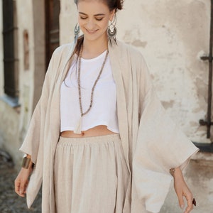 Long Linen Beige Kimono Robe ∆ Kimono With Belt and Pockets ∆ Boho Linen Cape ∆ Women Wrap Jacket ∆ Wrap Cardigan ∆ Ceremony Clothes