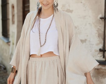 Long linen beige kimono, Kimono with belt and pockets, boho linen cape