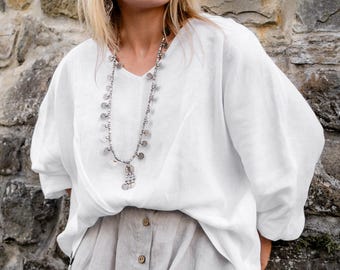Blusa blanca de lino para mujer, blusa con escote en V y mangas abullonadas, blusa holgada de lino suave, blusa bohemia.