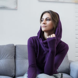 Long sleeve women hoodie in violet color, Women&#39;s cotton blouse, Cotton hoodie with long sleeve, Tribal clothing, Original cotton top