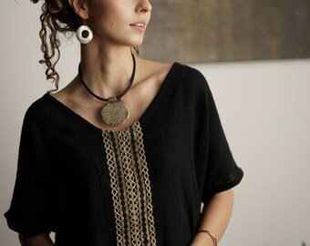 Black linen summer top Cabo Dore in black color