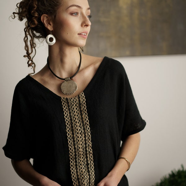 Line loose top, Black boho top for women, women black blouse, black linen blouse