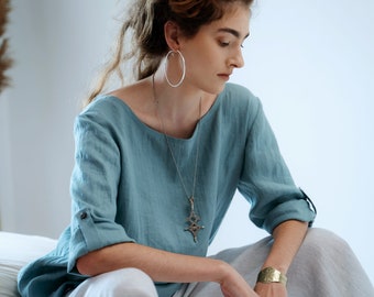 Blue linen blouse Tuscany, boho linen top, Blue blouse