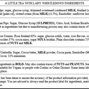 May include: A white and black label with the ingredients for a variety of tea and chocolate products. The label lists ingredients such as sugar, glucose syrup, milk, cocoa butter, and soya lecithin. It also notes that the products may contain traces of nuts and peanuts.