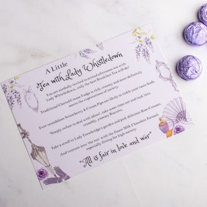 May include: A purple and white card with a floral design and the text "A Little Tea with Lady Whistledown" and "All is fair in love and war".