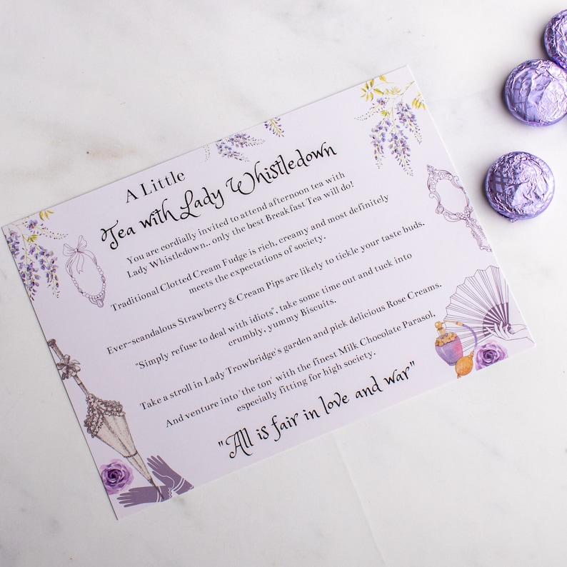 May include: A purple and white card with a floral design and the text "A Little Tea with Lady Whistledown" and "All is fair in love and war".
