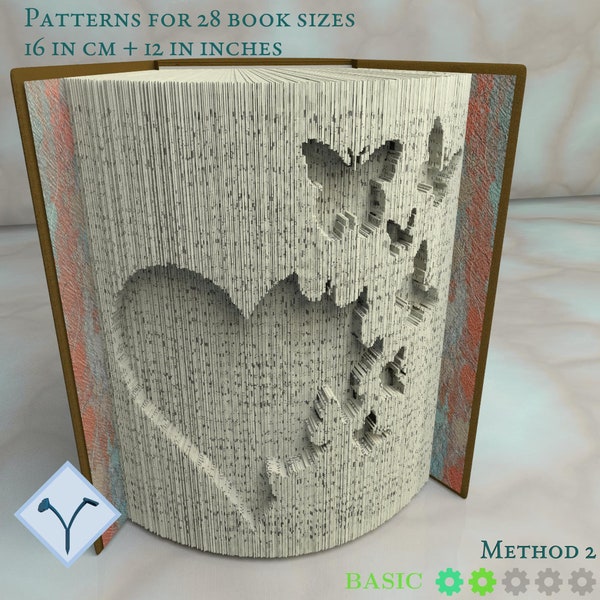 Heart + Butterfly: Book Folding Pattern, Instruction DIY folded book art, cut and fold books & only cut + free patterns + free texture