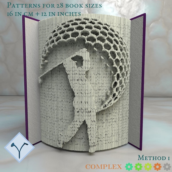 Man Golfer: Book Folding Pattern, Instruction DIY folded book art, cut and fold books & only cut + free patterns + free texture