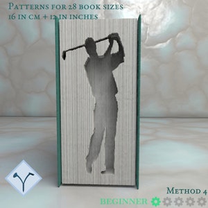 May include: A book with a silhouette of a golfer swinging a club cut out of the pages. The book is teal green and has the text "PATTERNS FOR 28 BOOK SIZES 16 IN CM + 12 IN INCHES" and "METHOD 4 BEGINNER" on the cover.