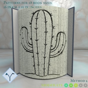 May include: A folded book art sculpture featuring a cactus design created by folding the pages. The text at the top reads PATTERNS FOR 28 BOOK SIZES 16 IN CM + 12 IN INCHES. The bottom right corner includes the text METHOD 2 and four gear icons.
