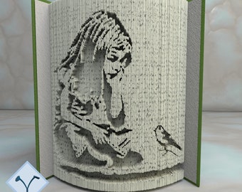 Banksy - Girl With Blue Bird: Book Folding Pattern, Instruction DIY folded book art, cut and fold books & only cut, free patterns + texture