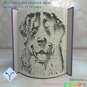 Könnte beinhalten: Ein Buchfalzmuster für ein Hundegesicht, mit dem Text "PATTERNS FOR 28 BOOK SIZES 16 IN CM + 12 IN INCHES" und "METHOD 2 COMPLEX" oben und unten im Bild.