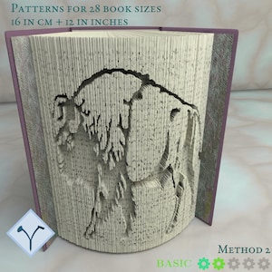 May include: A book folding pattern for a 3D papercraft project. The pattern is for a bison, and the image shows the finished project. The text on the image reads "Patterns for 28 book sizes 16 in cm + 12 in inches" and "Method 2 Basic".