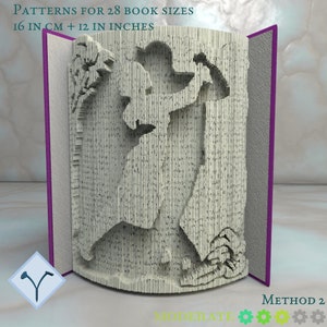 May include: A book folding pattern for a silhouette of a person dancing. The pattern is for 28 book sizes, 16 cm and 12 inches. The pattern is labelled "Method 2" and has a difficulty level of "Moderate".