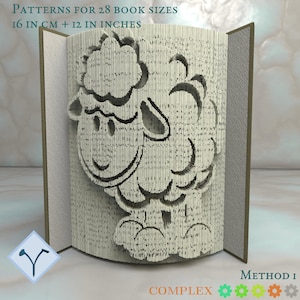 Peut inclure: Un modèle de papercraft complexe pour un mouton, réalisé à partir d'un livre. Le modèle est conçu pour 28 tailles de livres différentes, avec des instructions pour les livres de 16 cm et 12 pouces. Le modèle est intitulé "Méthode I" et "Complexe".