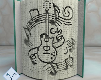 Guitar + Musical Notes: Book Folding Pattern, Instruction DIY folded book art, cut and fold books & only cut + free patterns + free texture