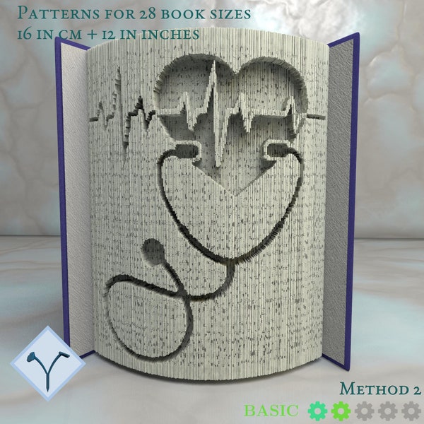 Medycyna - Stetoskop: Wzór w książce, szablon i instrukcja rzeźbienia w książce, sztuka w książce DIY + darmowe wzory + darmowa tekstura