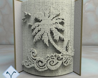 Palm Tree, Waves, Birds: Book Folding Pattern, Instruction DIY folded book art, cut and fold books & only cut, free patterns + texture