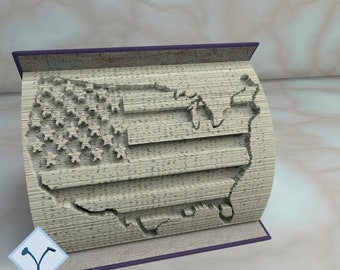 USA Border Outline With Flag: Book Folding Pattern, Instruction DIY folded book art, cut and fold books & only cut, free patterns + texture