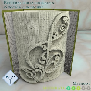 Może przedstawiać: Książka ze stronami misternie wyciętymi, tworzącymi dekoracyjny wzór. Widoczny tekst "PATTERNS FOR 28 BOOK SIZES 40.6 cm + 30.5 cm". Książka ma zielony grzbiet i szare okładki we wzory. Poziom trudności "MODERATE".