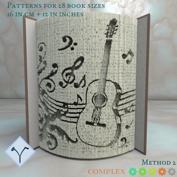 Guitar + Musical Notes: Book Folding Pattern, Instruction DIY folded book art, cut and fold books & only cut, free patterns + texture