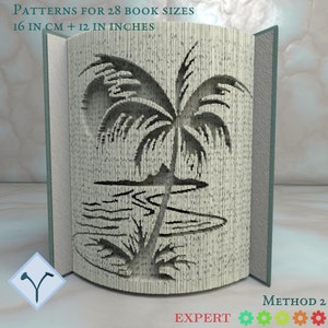 May include: A book folding pattern for an expert level project. The pattern is for a palm tree with a beach scene. The pattern is for 28 book sizes, 16 in cm and 12 in inches. The pattern is labeled "Method 2".