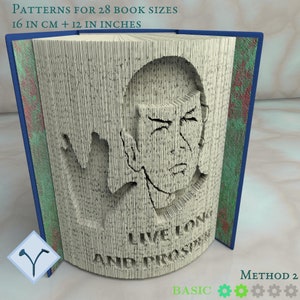 Peut inclure: Un modèle de pliage de livre pour un modèle 3D d'un personnage de Star Trek avec le texte "Live Long and Prosper". Le modèle est pour 28 tailles de livres, 16 cm et 12 pouces. Le modèle est étiqueté "Méthode 2, Basique".