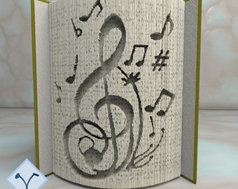 Treble Clef + Notes: Book Folding Pattern, Instruction DIY folded book art, cut and fold books & only cut + free patterns + free texture
