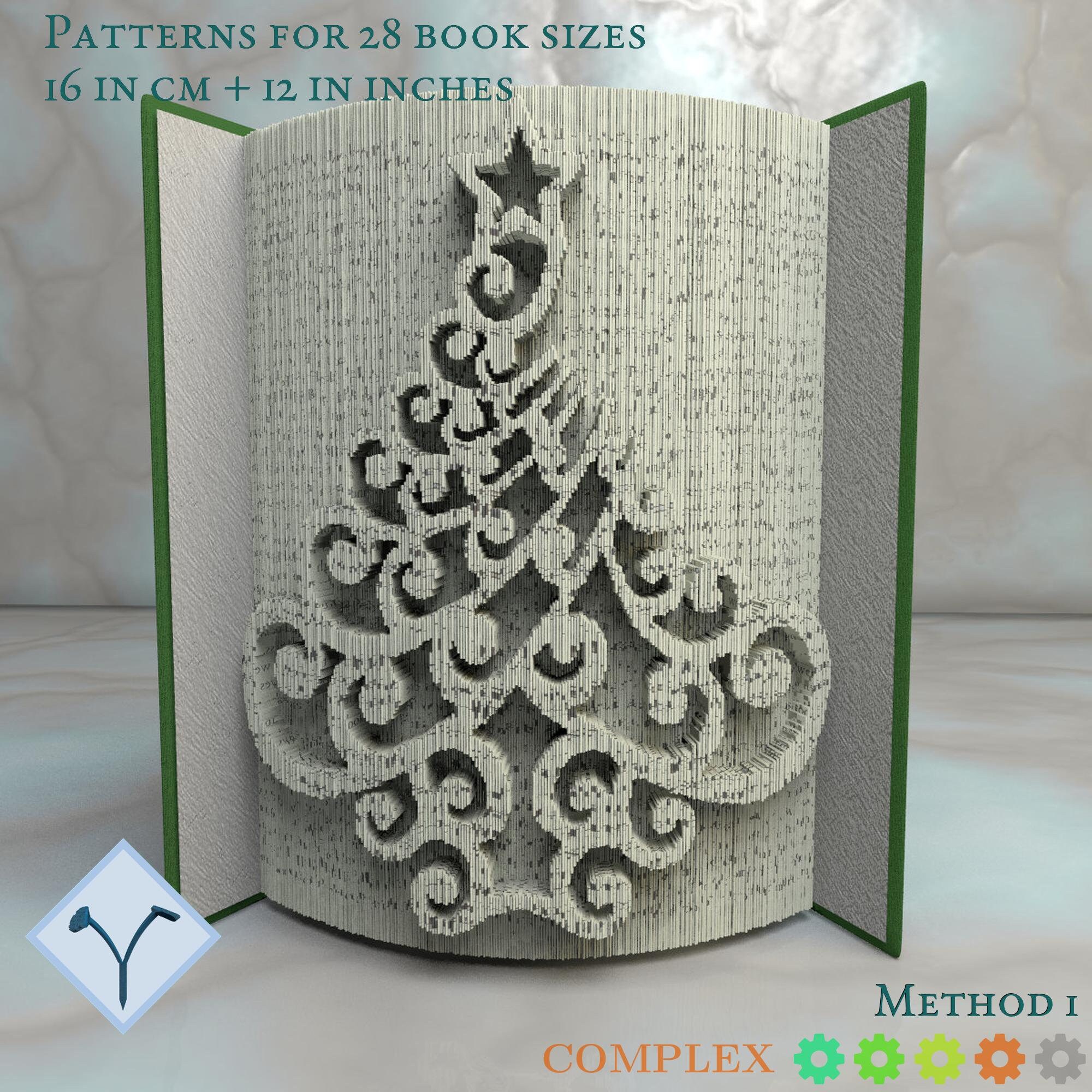 Christmas Tree: Book Folding Pattern, Instruction DIY folded book art, cut and fold books & only cut, free patterns + texture