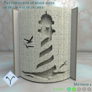 May include: A book folding pattern for a lighthouse with birds flying overhead. The pattern is for 28 book sizes, 16 cm and 12 inches. The pattern is labelled "Method 2" and "Basic".