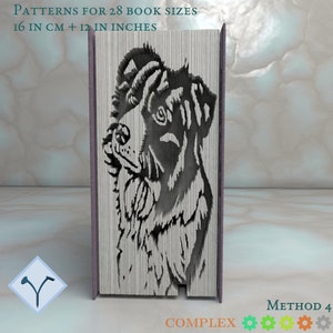 Puede incluir: Un modelo de papel en blanco y negro de la cabeza de un perro, con el texto "PATTERNS FOR 28 BOOK SIZES 16 IN CM + 12 IN INCHES" y "METHOD 4 COMPLEX" en la parte superior e inferior de la imagen.