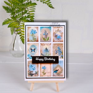Feliz aniversário, amizade vintage, incentivo, a6, artesanal, chique, azul, borboletas florais, nove painéis, 300 gsm, cartão artesanal de qualidade