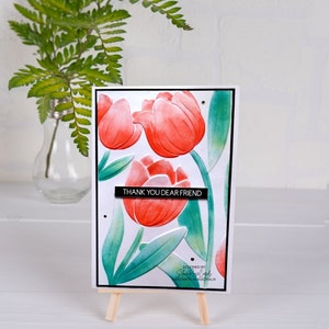 Vriendschap dank je lieve vriend 3D reliëf roze tulpen handgekleurde zwarte mat versieringen A6 300 gsm kwaliteit handgemaakte kaart