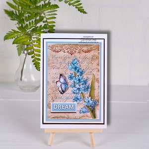 Vintage sueño aliento todas las ocasiones tarjeta hecha a mano, sueño azul Shabby Chic, tarjeta de diario vintage, flores silvestres, mariposa vintage