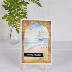 Porta ad arco fustellata di buon compleanno con biglietto fatto a mano con sentimento fustellato a tema mare, goffrato a mano, testurizzato, colorato a mano, con finitura vintage