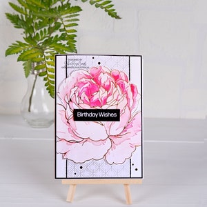 Happy Birthday wishes friendship gold foiled pink fussy cut stencilled rose diamond embossed background black mat A6 300 gsm handmade card