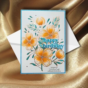12 cm x 17 cm vriendschap gelukkige verjaardag goudfolie glimmende bloemen folie sentiment teal glimmer mat vanille kaart voorkant 300gsm handgemaakte kaart