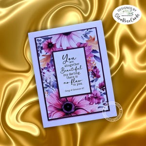 Biglietto d'auguri fatto a mano con stampa lucida, fustellato, 4,25 x 5,5 cm, con sfondo floreale bordeaux, motivo religioso biblico, amicizia, carta bianca da 300 g/m².