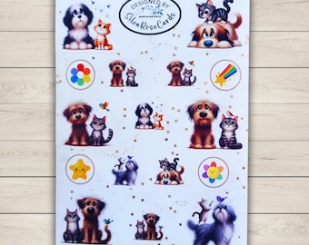 Pode incluir: Uma folha de adesivos com vários cães e gatos de desenho animado em poses diferentes. Os adesivos incluem um arco-íris, estrelas e flores. O texto "DESIGNED BY Silva Rose Cards MADE IN AUSTRALIA" é impresso na folha.