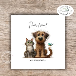 Vriendschapskaarten| Beterschapskaart voor beste vriend| Handgemaakte kaart voor vrienden| Schattige hond met kleurrijke print| Dierenvriendkaarten| Alles komt goed kaart