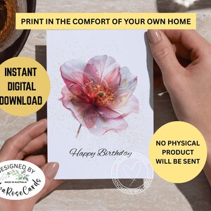 Biglietto di auguri di buon compleanno stampabile e scaricabile digitalmente, biglietto di amicizia digitale, biglietto di qualità ispirato a fiori acquerellati con inchiostro alcolico, 5" x 7"