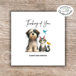 Carte Je pense à vous| Soutien amical | Carte Prendre soin de ses amis | Carte faite main Toujours dans ma tête | Carte d'amoureux des animaux | Carte imprimée chien chat