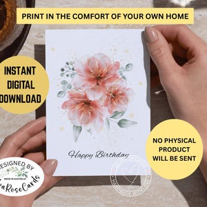 Biglietto di auguri di buon compleanno stampabile e scaricabile digitalmente, biglietto di amicizia digitale, biglietto di qualità ispirato a fiori acquerellati con inchiostro alcolico, 5" x 7"